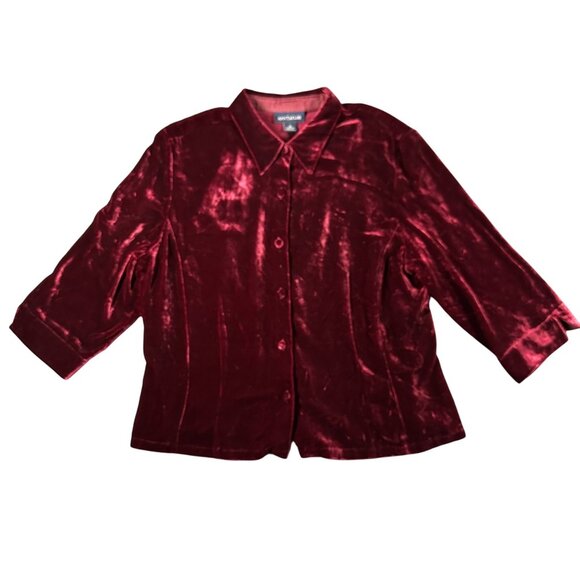 Vtg Ann Taylor Womens 14 Silk Blend Burgundy Velvet Button Up Blouse 3/4 Sleeve - Picture 1 of 7